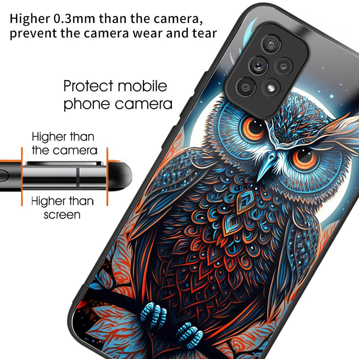 For Samsung Galaxy A53 5G Case Pattern Design Anti-Scratch Tempered Glass Phone Cover - Owl