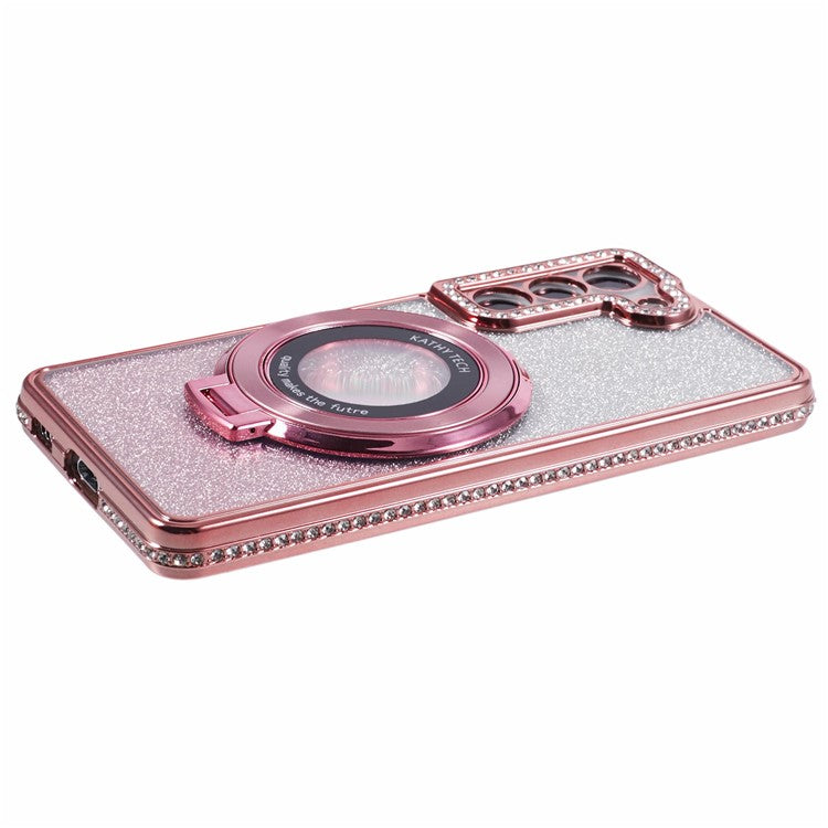 For Samsung Galaxy S23 Case Gradient Rhinestone Decor TPU Phone Cover with Kickstand - Rose Gold
