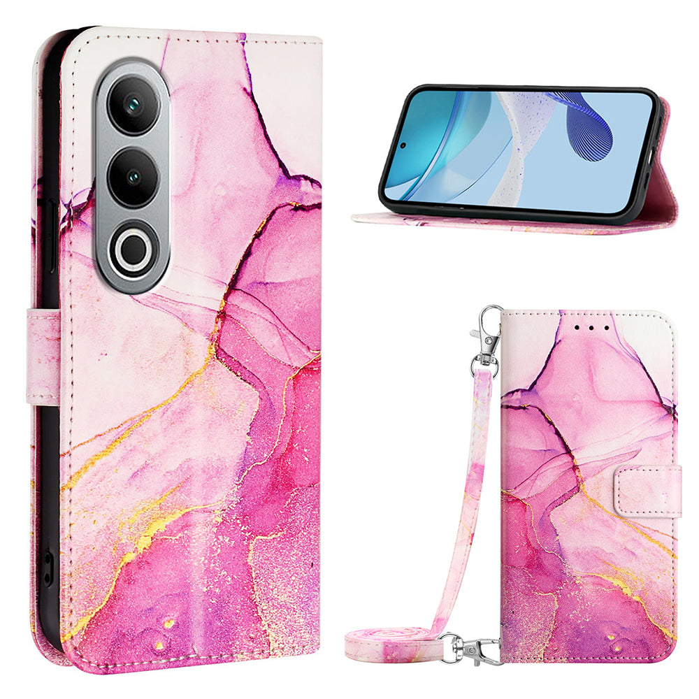 YB Pattern Printing Leather Series-6 For OnePlus Nord CE4 5G Case Stand Flip Phone Cover with Shoulder Strap - Pink / Purple / Gold LS001
