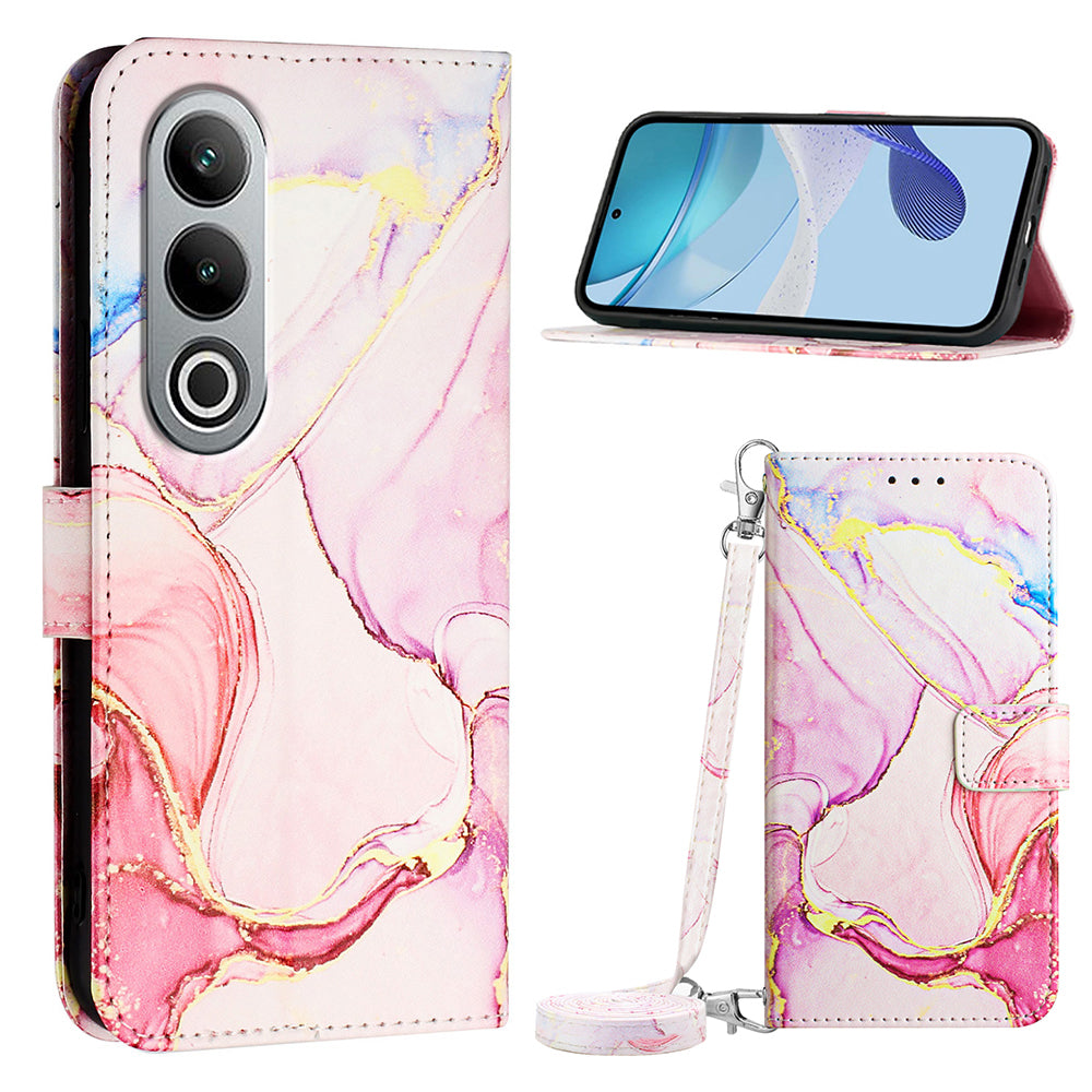 YB Pattern Printing Leather Series-6 For OnePlus Nord CE4 5G Case Stand Flip Phone Cover with Shoulder Strap - Rose Gold LS005