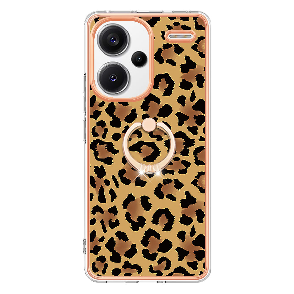 YB IMD Series-20 Style D for Xiaomi Redmi Note 13 Pro+ 5G Case with Ring Holder 2.0mm TPU Gold Edge Phone Cover - Leopard Print