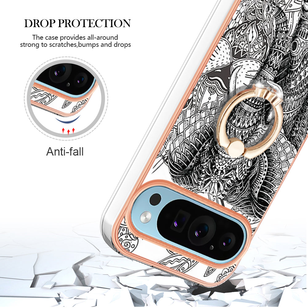 YB IMD Series-20 Style D for Google Pixel 9 Case Electroplating 2.0mm TPU Protective Shell with Kickstand - Totem Elephant