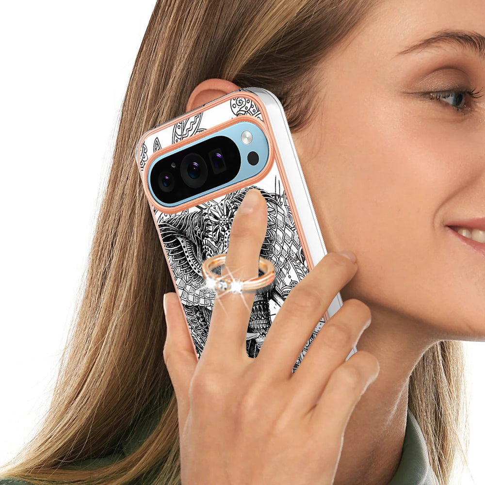 YB IMD Series-20 Style D for Google Pixel 9 Case Electroplating 2.0mm TPU Protective Shell with Kickstand - Totem Elephant