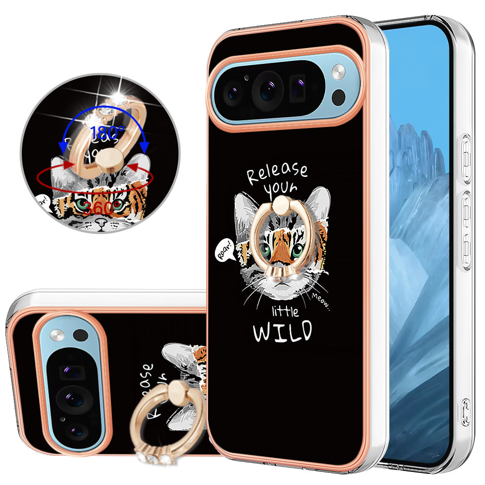 YB IMD Series-20 Style D for Google Pixel 9 Case Electroplating 2.0mm TPU Protective Shell with Kickstand - Cat / Tiger