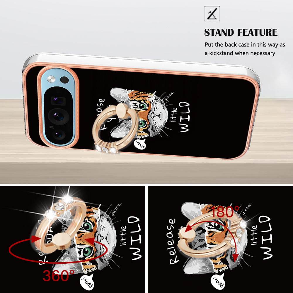 YB IMD Series-20 Style D for Google Pixel 9 Case Electroplating 2.0mm TPU Protective Shell with Kickstand - Cat / Tiger