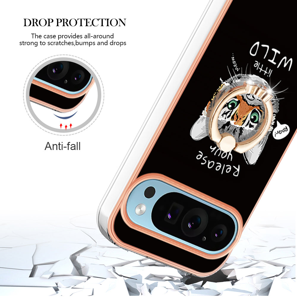 YB IMD Series-20 Style D for Google Pixel 9 Case Electroplating 2.0mm TPU Protective Shell with Kickstand - Cat / Tiger