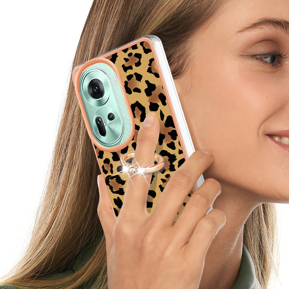 YB IMD Series-20 Style D for Oppo Reno11 5G (Global) Case 2.0mm Electroplating TPU Kickstand Cover - Leopard Print