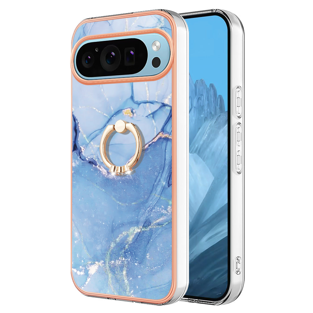 YB IMD Series-17 Style-E For Google Pixel 9 TPU Case Electroplating Kickstand Marble Pattern Cover - Blue