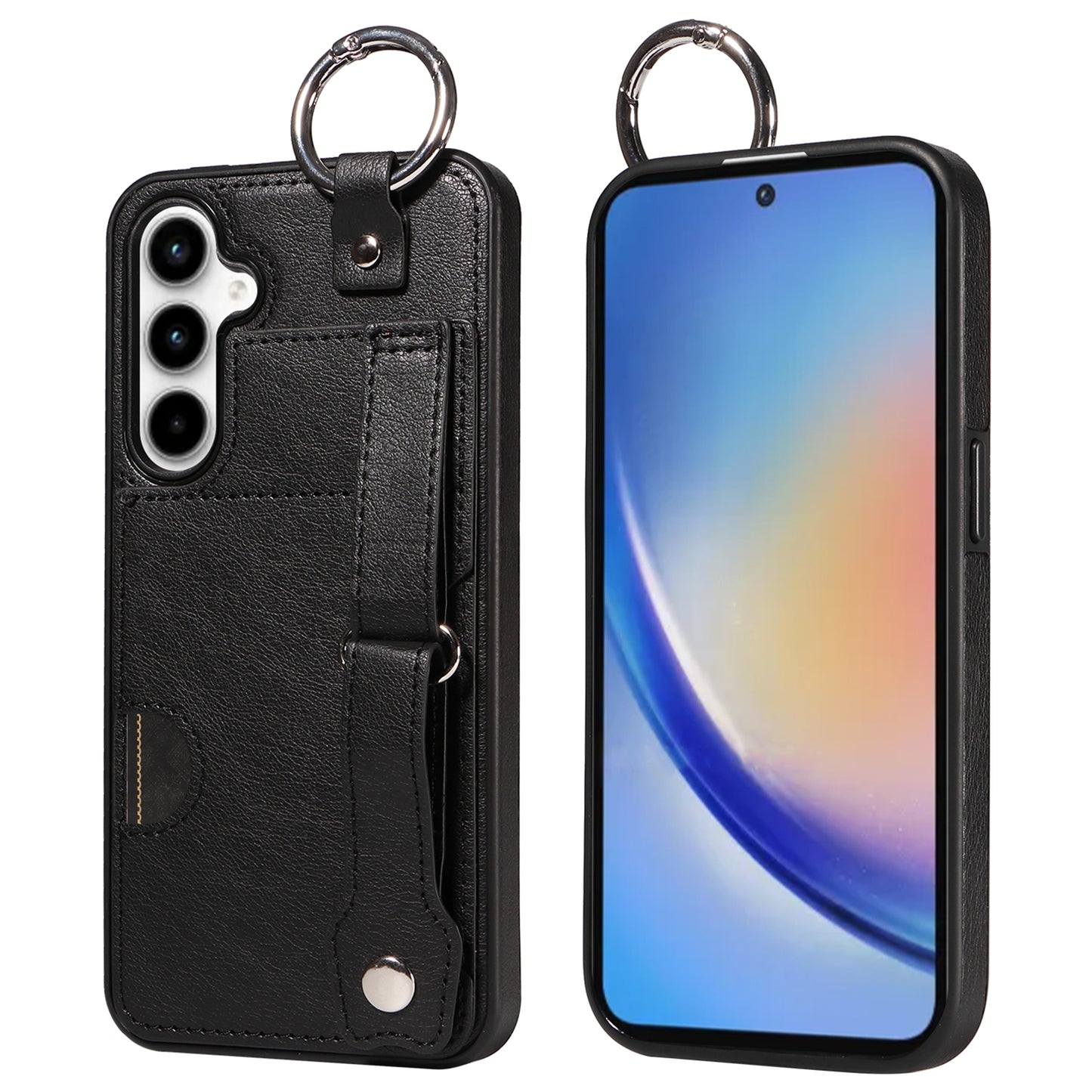 008 For Samsung Galaxy A35 5G Case Leather+TPU Protective Shell with Wrist Strap Kickstand - Black