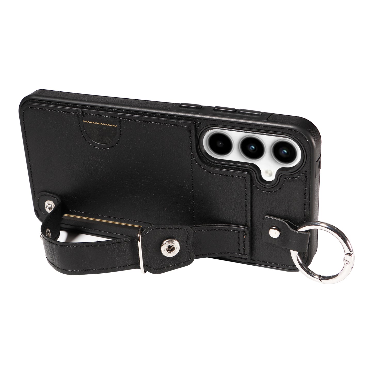 008 For Samsung Galaxy A35 5G Case Leather+TPU Protective Shell with Wrist Strap Kickstand - Black