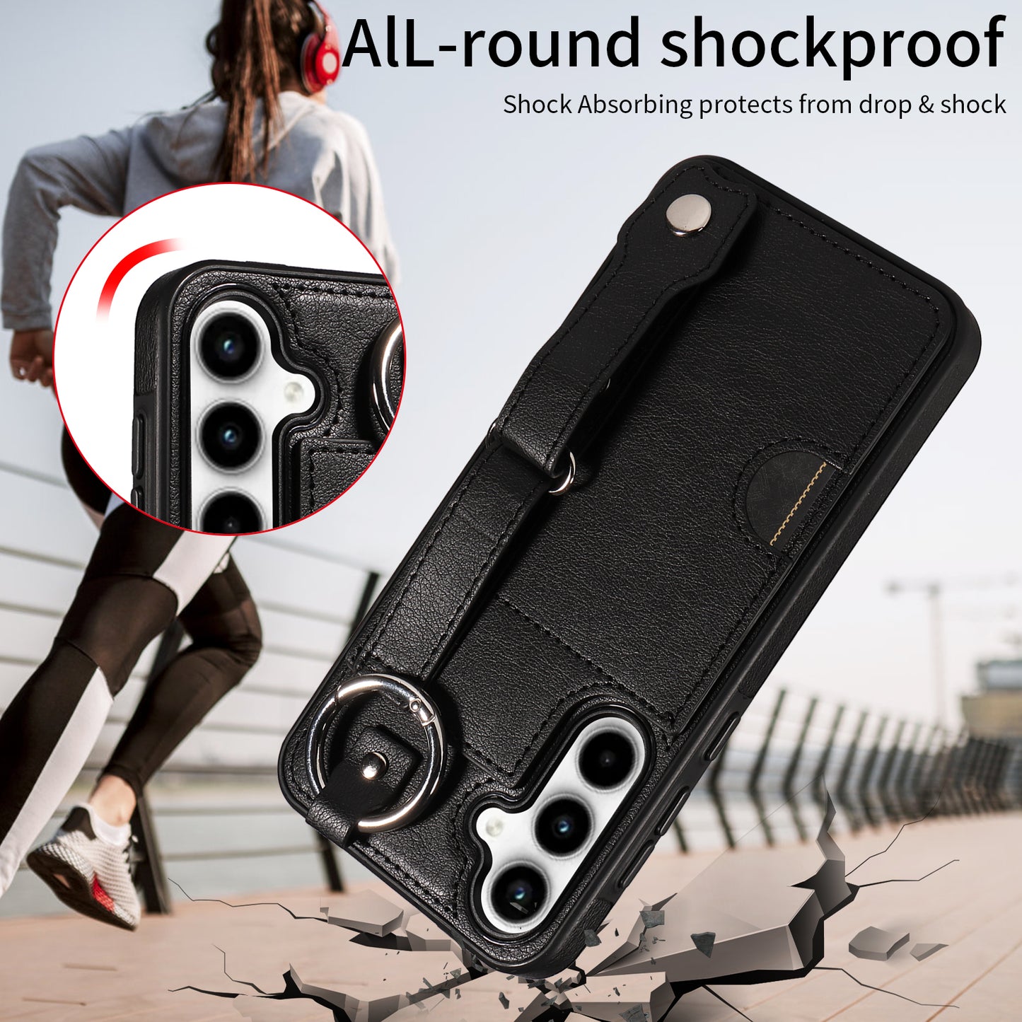 008 For Samsung Galaxy A35 5G Case Leather+TPU Protective Shell with Wrist Strap Kickstand - Black