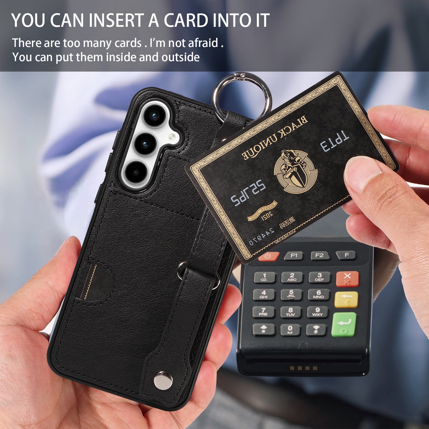 008 For Samsung Galaxy A35 5G Case Leather+TPU Protective Shell with Wrist Strap Kickstand - Black