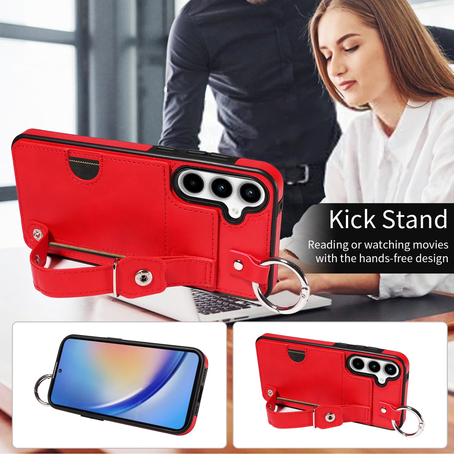 008 For Samsung Galaxy A35 5G Case Leather+TPU Protective Shell with Wrist Strap Kickstand - Red