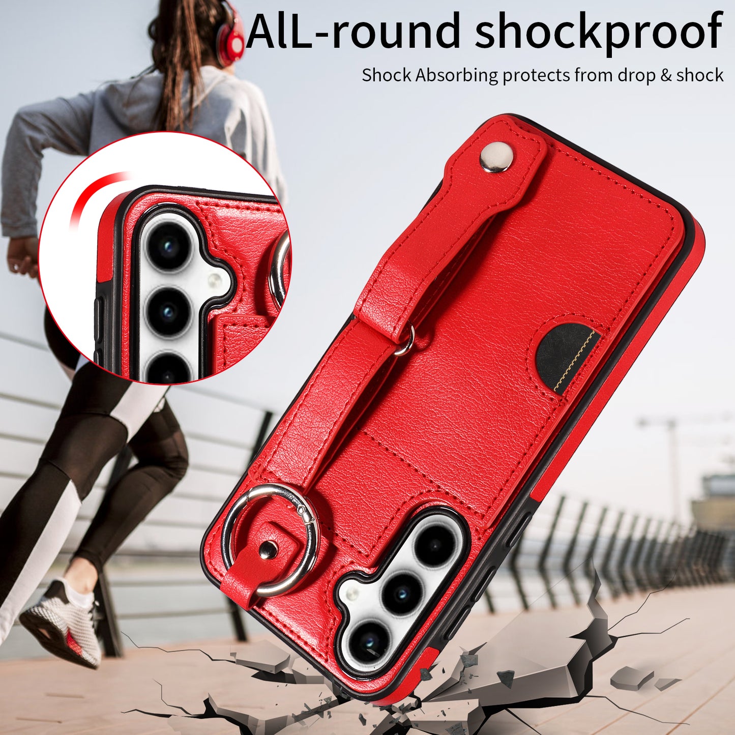 008 For Samsung Galaxy A35 5G Case Leather+TPU Protective Shell with Wrist Strap Kickstand - Red