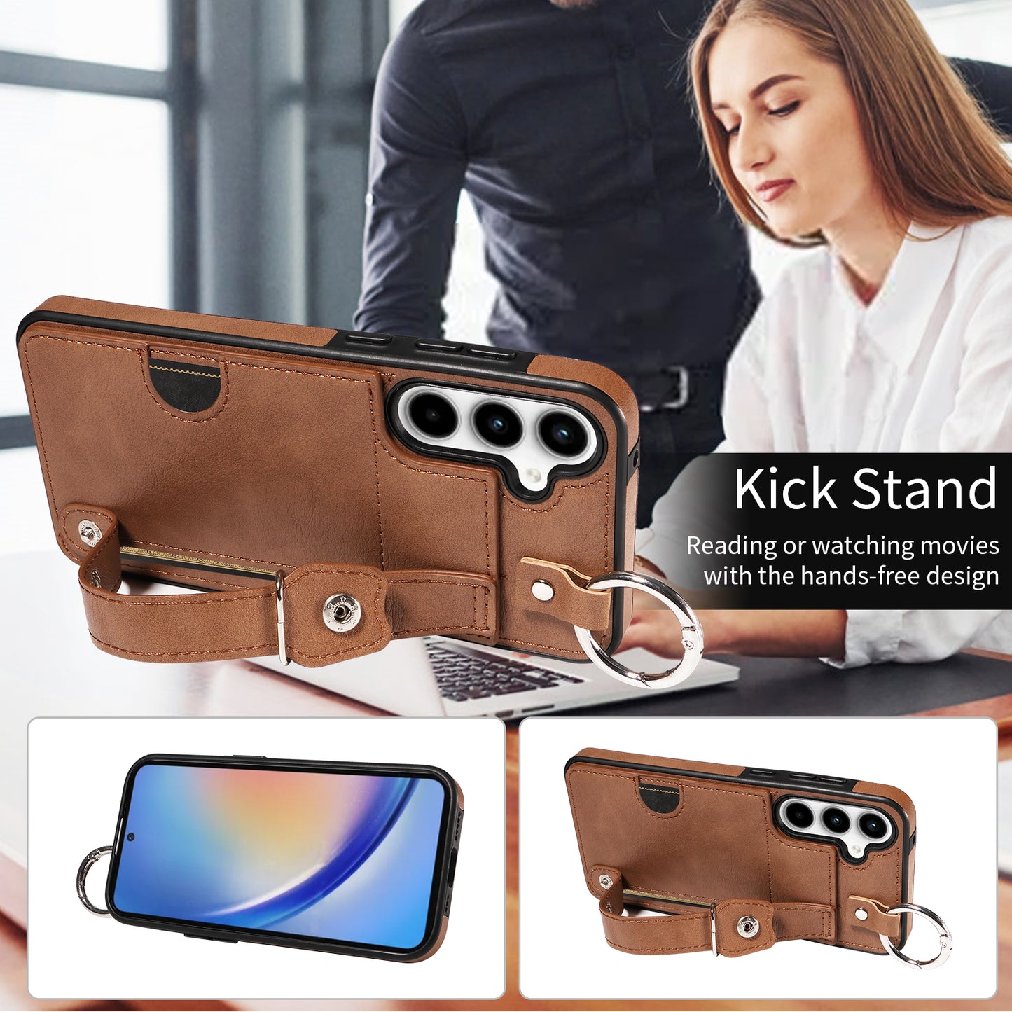 008 For Samsung Galaxy A35 5G Case Leather+TPU Protective Shell with Wrist Strap Kickstand - Brown