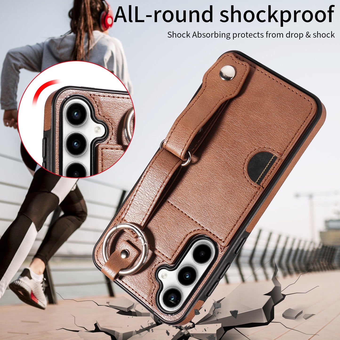 008 For Samsung Galaxy A35 5G Case Leather+TPU Protective Shell with Wrist Strap Kickstand - Brown