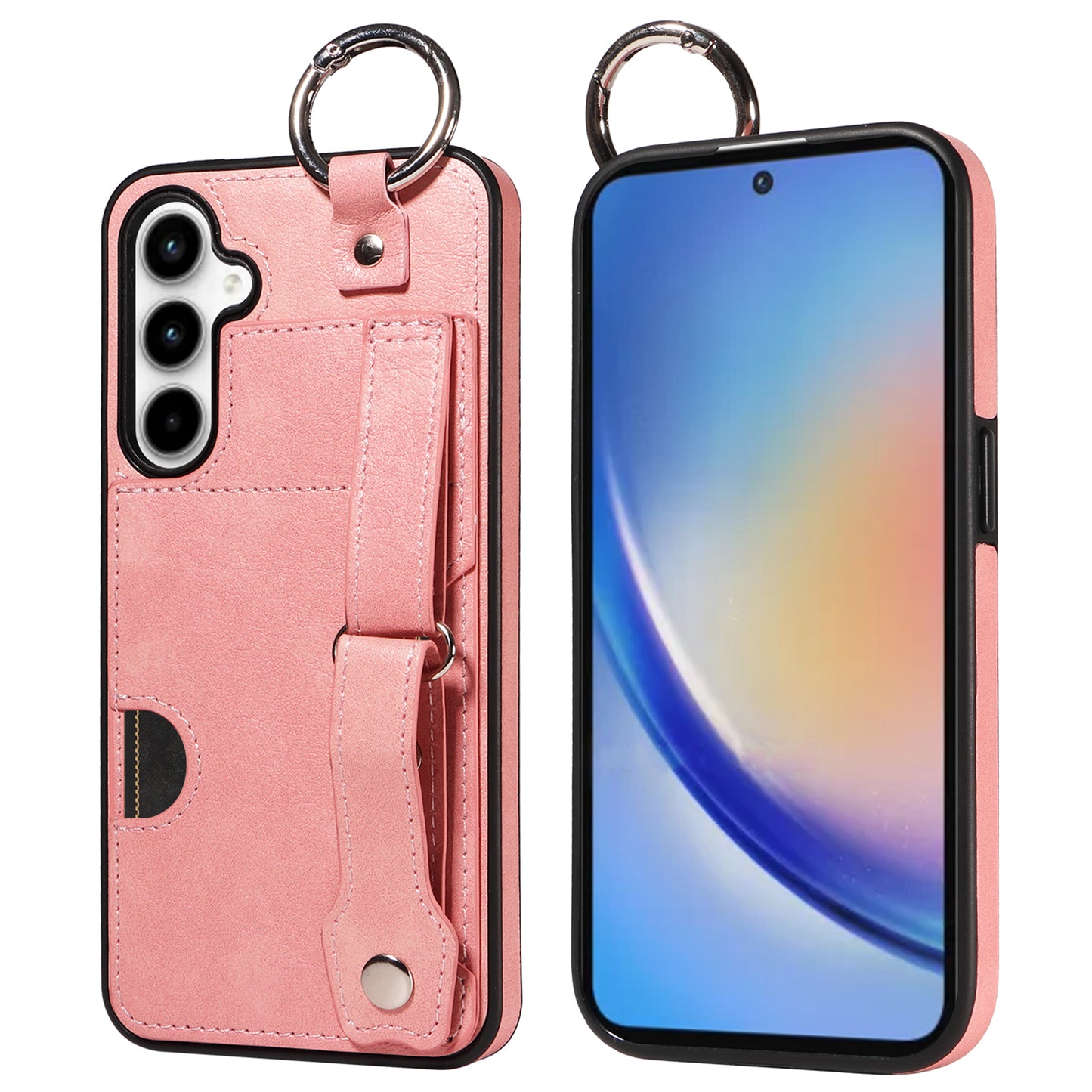 008 For Samsung Galaxy A35 5G Case Leather+TPU Protective Shell with Wrist Strap Kickstand - Pink