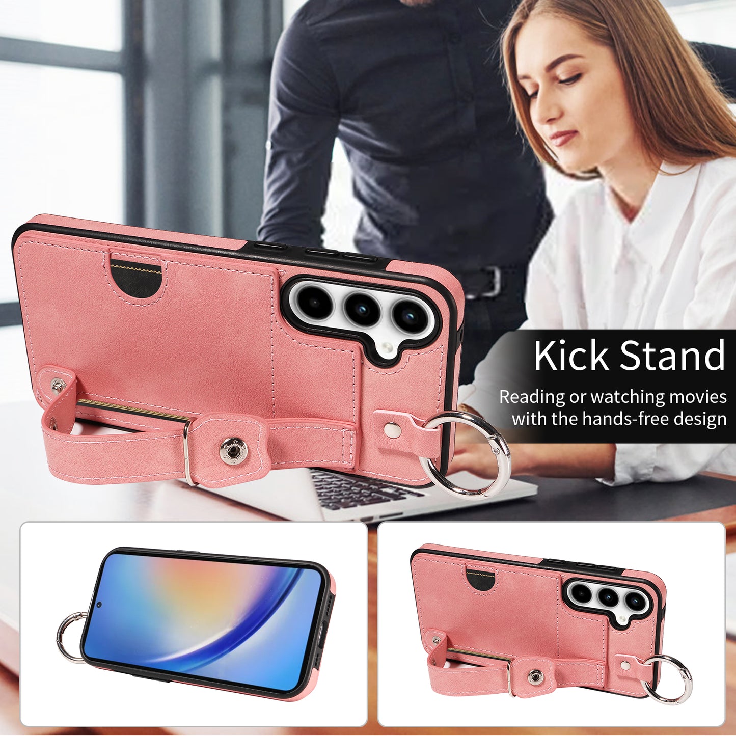 008 For Samsung Galaxy A35 5G Case Leather+TPU Protective Shell with Wrist Strap Kickstand - Pink