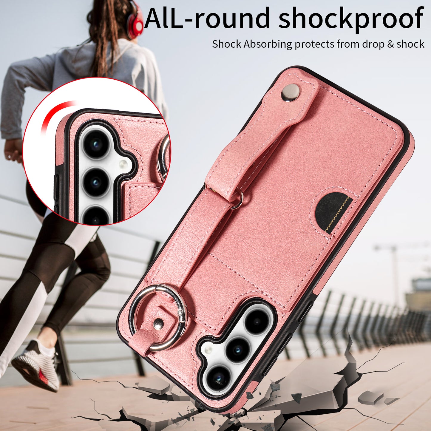 008 For Samsung Galaxy A35 5G Case Leather+TPU Protective Shell with Wrist Strap Kickstand - Pink