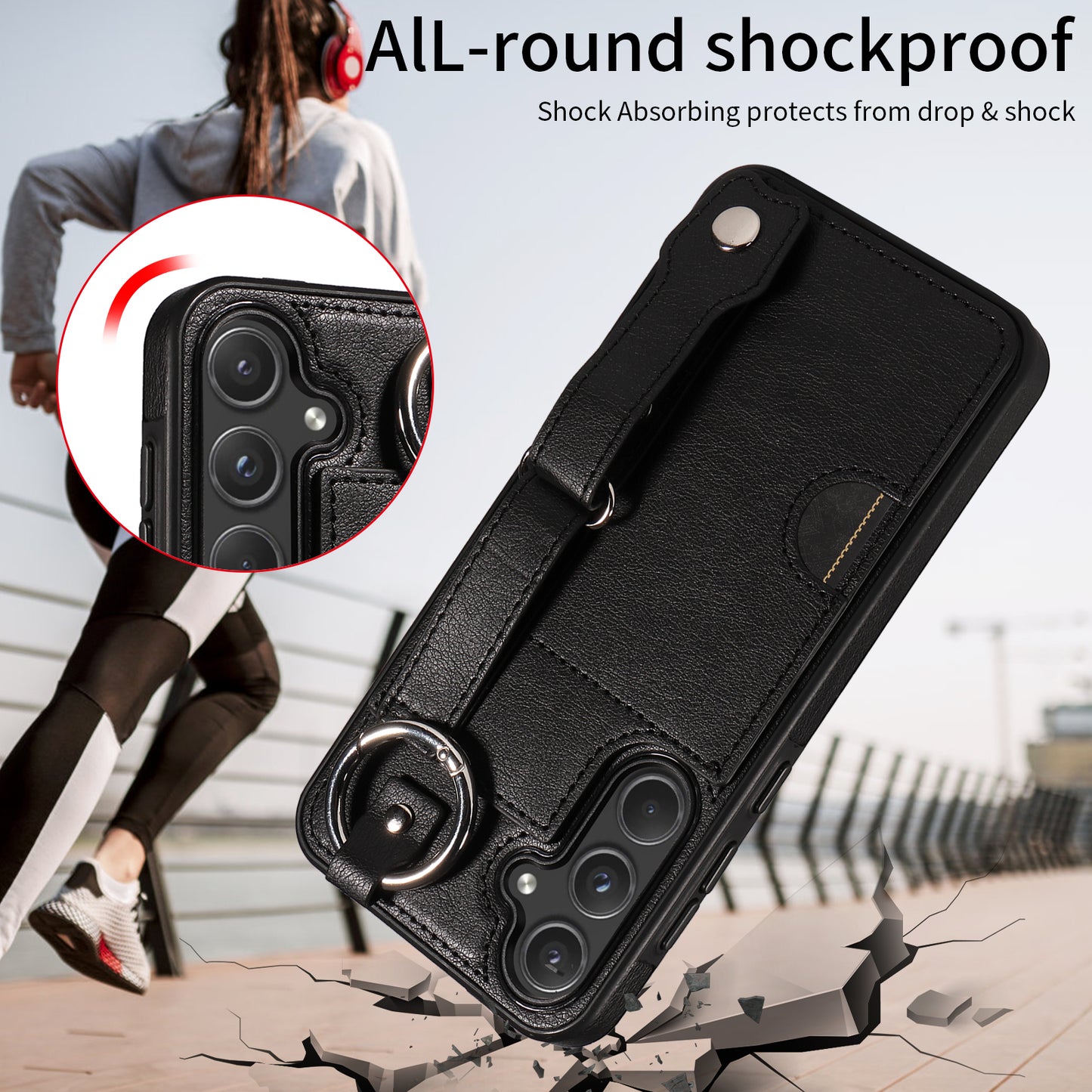 008 For Samsung Galaxy A55 5G Case with Wrist Strap Kickstand Leather+TPU Phone Cover - Black