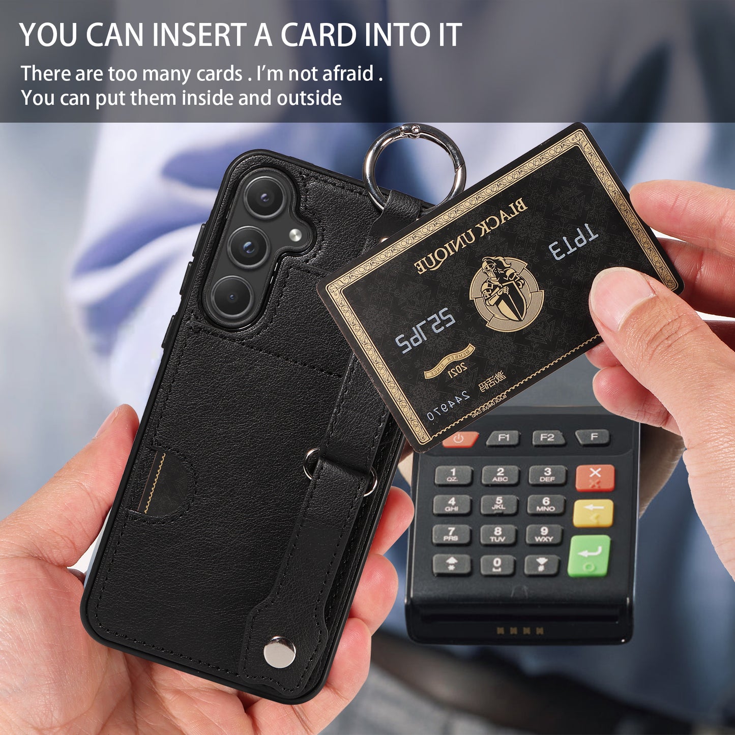 008 For Samsung Galaxy A55 5G Case with Wrist Strap Kickstand Leather+TPU Phone Cover - Black