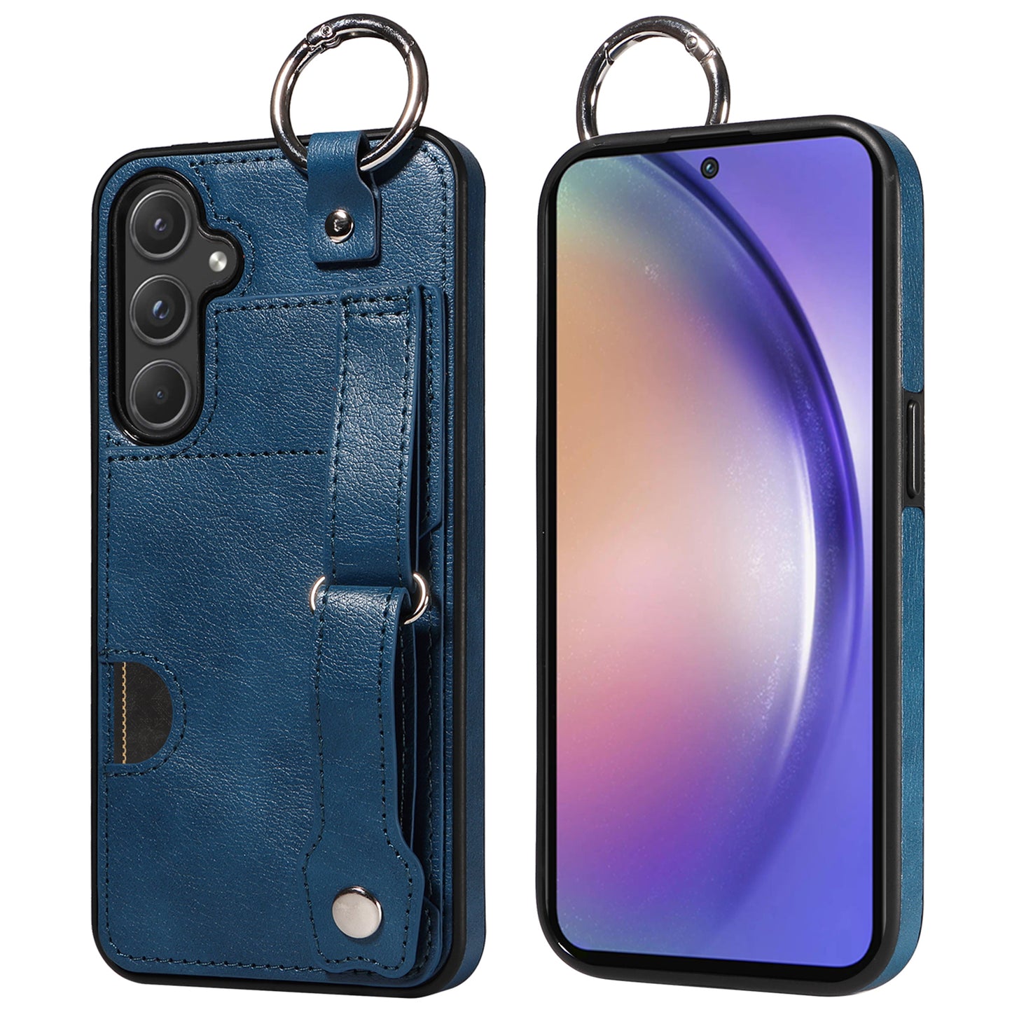 008 For Samsung Galaxy A55 5G Case with Wrist Strap Kickstand Leather+TPU Phone Cover - Blue