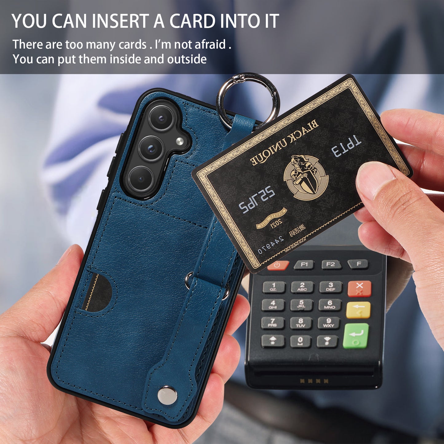 008 For Samsung Galaxy A55 5G Case with Wrist Strap Kickstand Leather+TPU Phone Cover - Blue