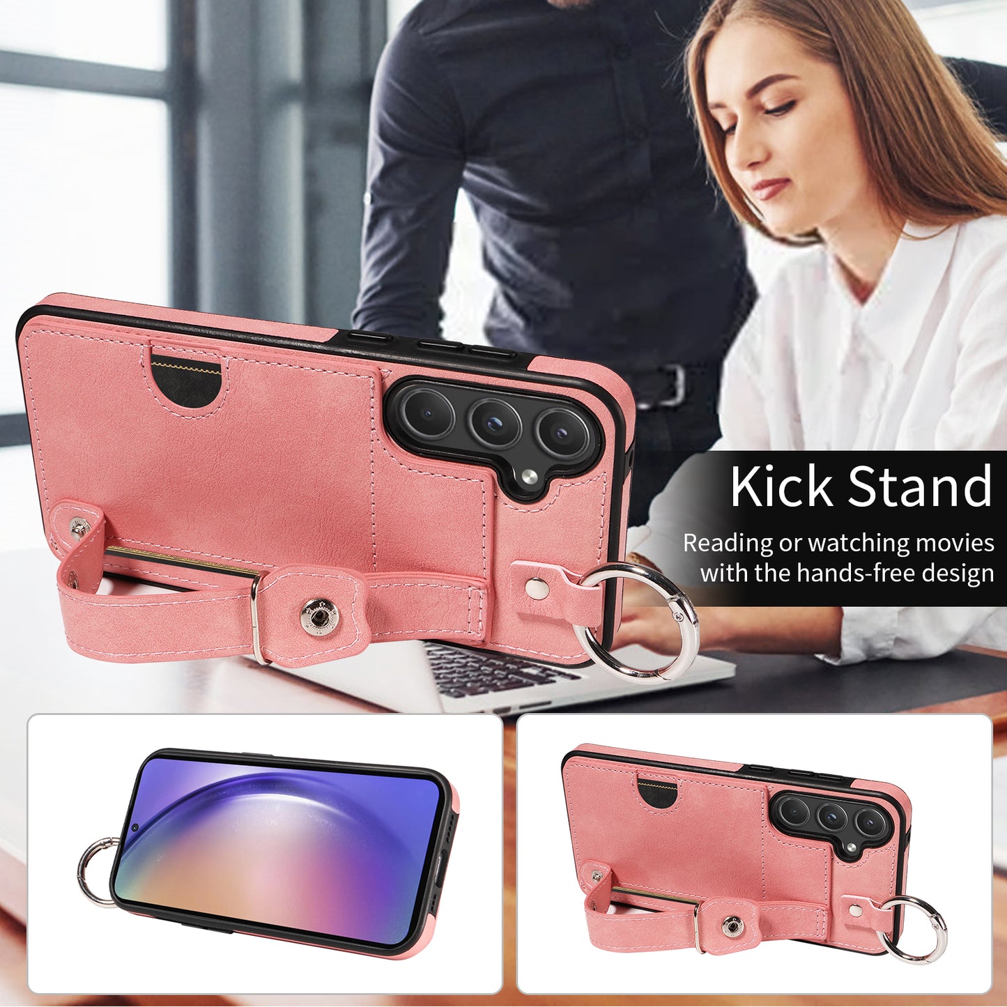 008 For Samsung Galaxy A55 5G Case with Wrist Strap Kickstand Leather+TPU Phone Cover - Pink