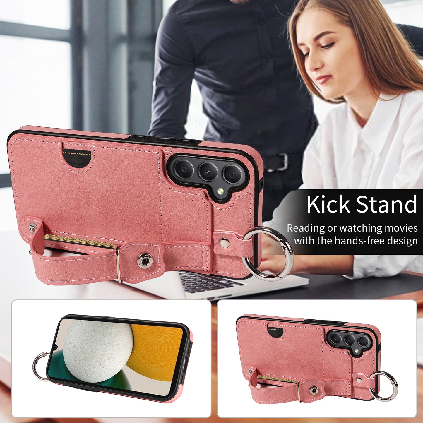 008 For Samsung Galaxy A34 5G Case Calf Texture Leather+TPU Kickstand Phone Cover - Pink