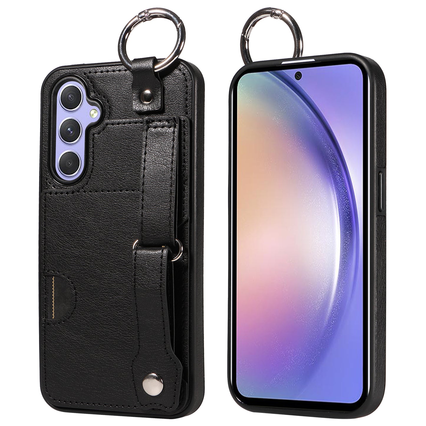 008 For Samsung Galaxy A54 5G Phone Case with Wrist Strap Kickstand Leather+TPU Shell - Black