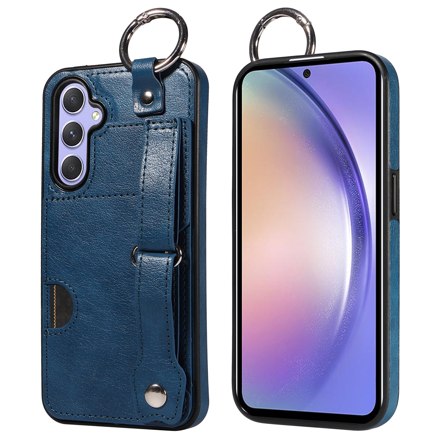 008 For Samsung Galaxy A54 5G Phone Case with Wrist Strap Kickstand Leather+TPU Shell - Blue