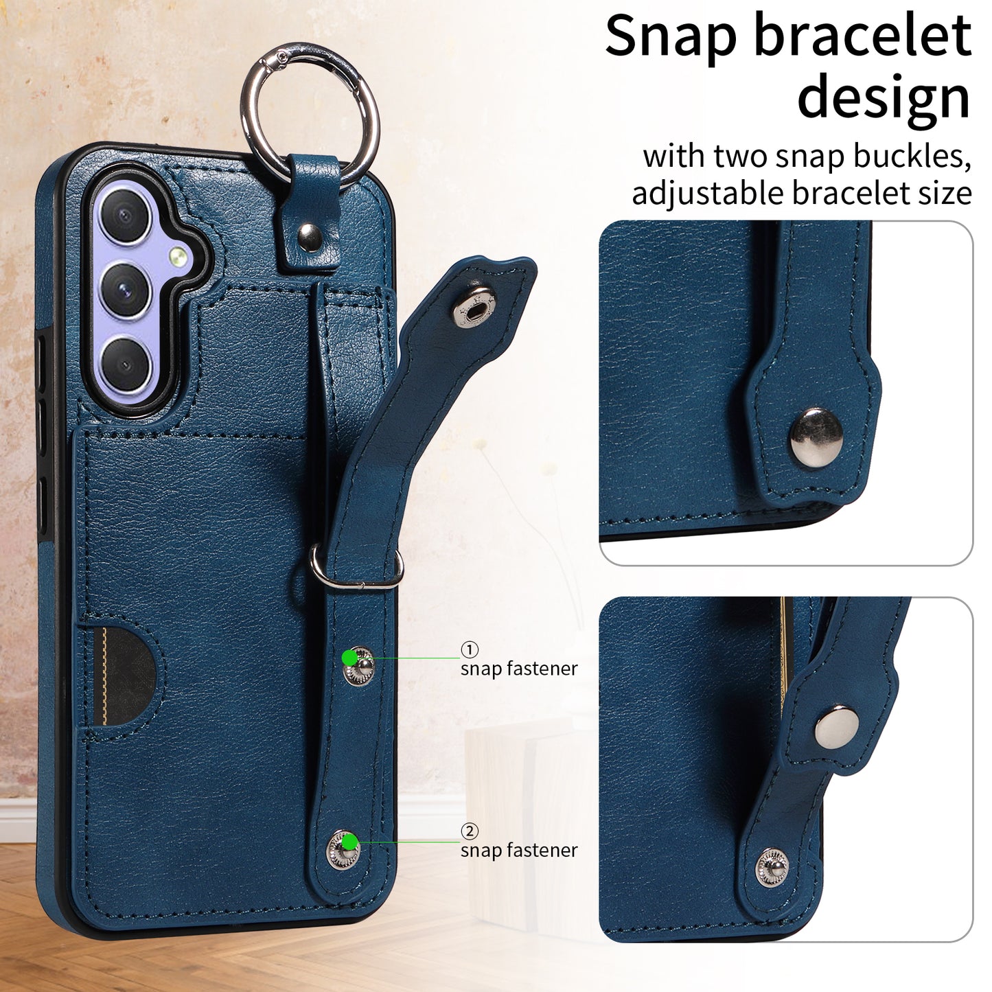 008 For Samsung Galaxy A54 5G Phone Case with Wrist Strap Kickstand Leather+TPU Shell - Blue