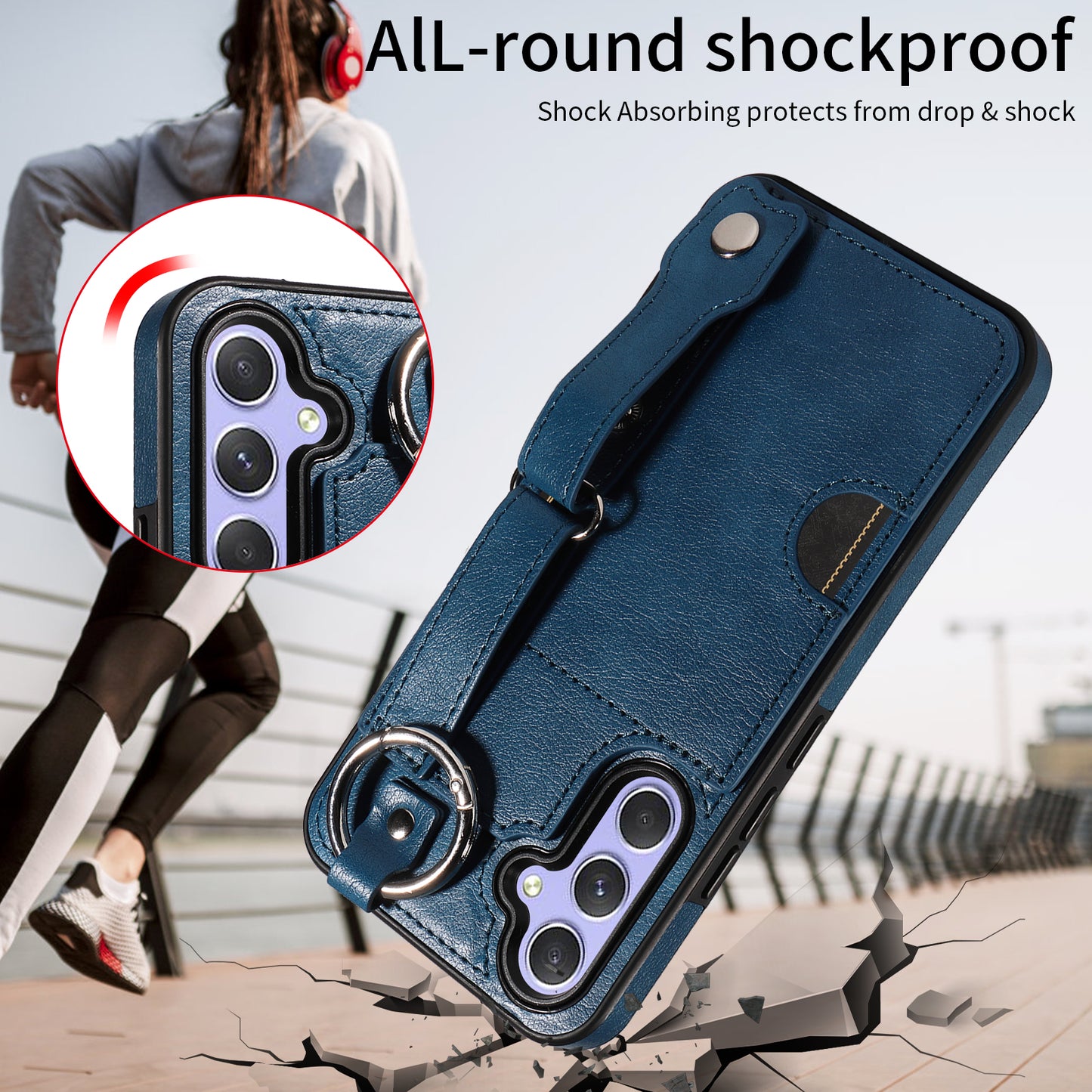 008 For Samsung Galaxy A54 5G Phone Case with Wrist Strap Kickstand Leather+TPU Shell - Blue