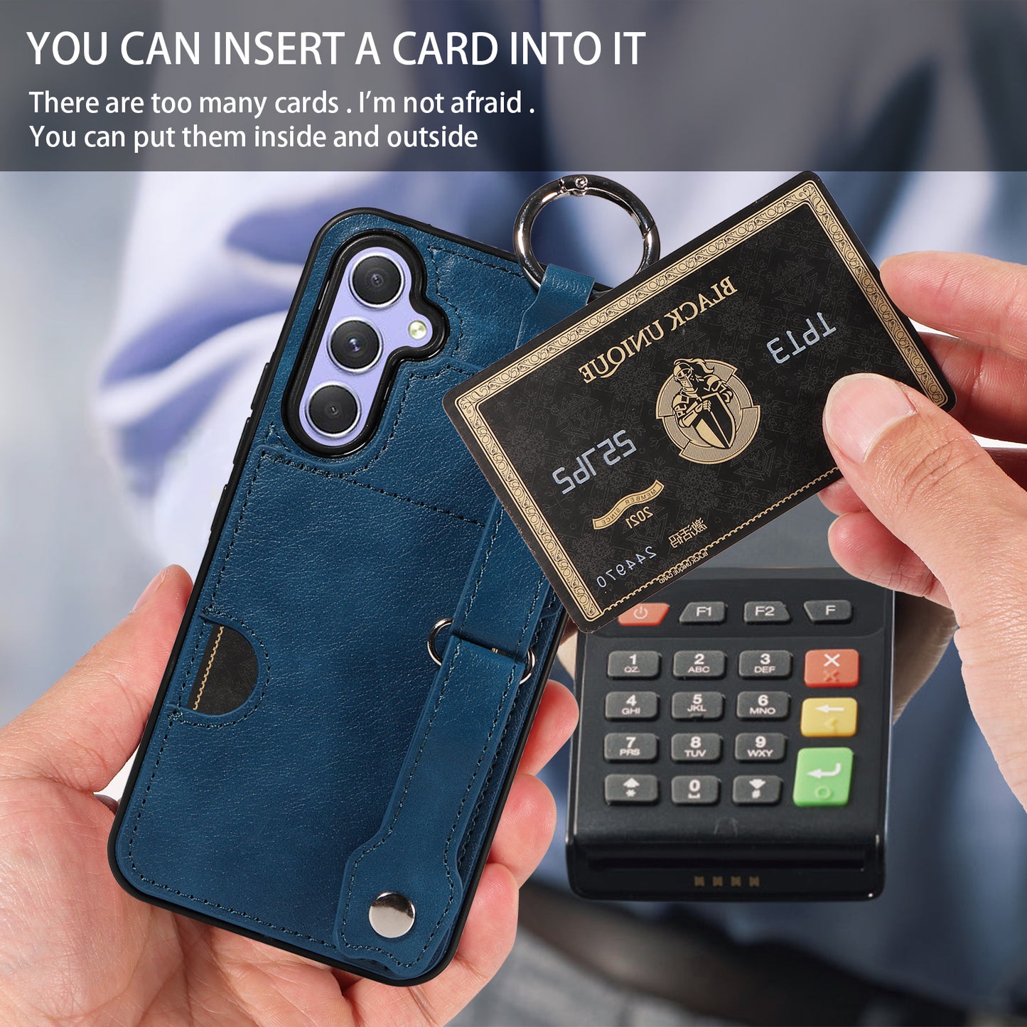 008 For Samsung Galaxy A54 5G Phone Case with Wrist Strap Kickstand Leather+TPU Shell - Blue