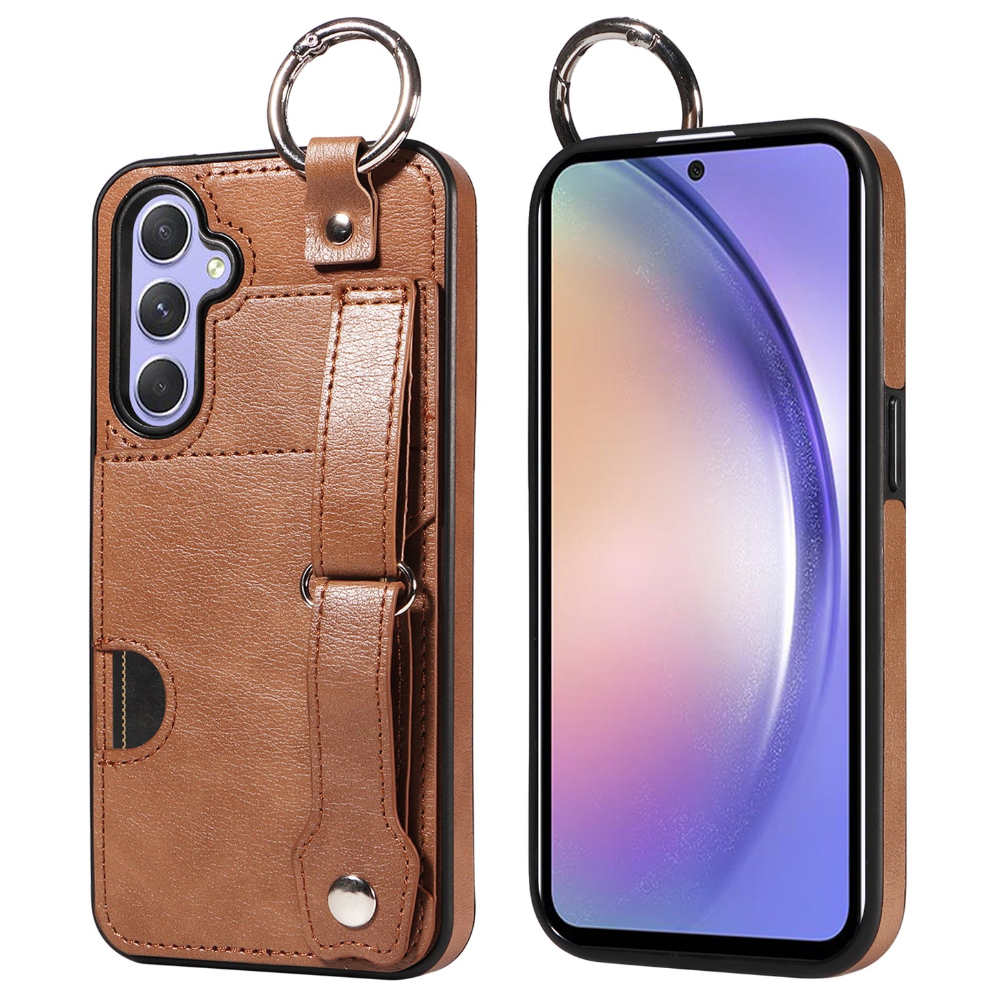 008 For Samsung Galaxy A54 5G Phone Case with Wrist Strap Kickstand Leather+TPU Shell - Brown