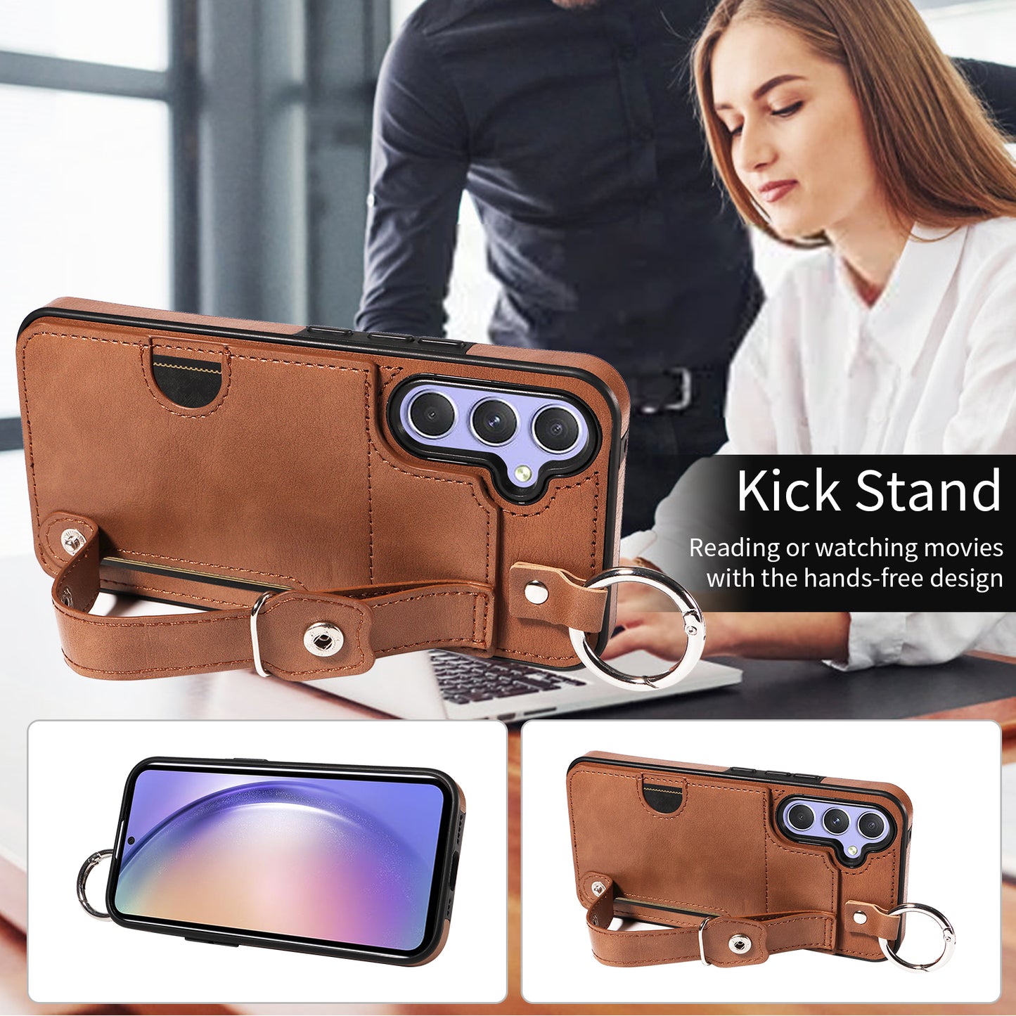 008 For Samsung Galaxy A54 5G Phone Case with Wrist Strap Kickstand Leather+TPU Shell - Brown