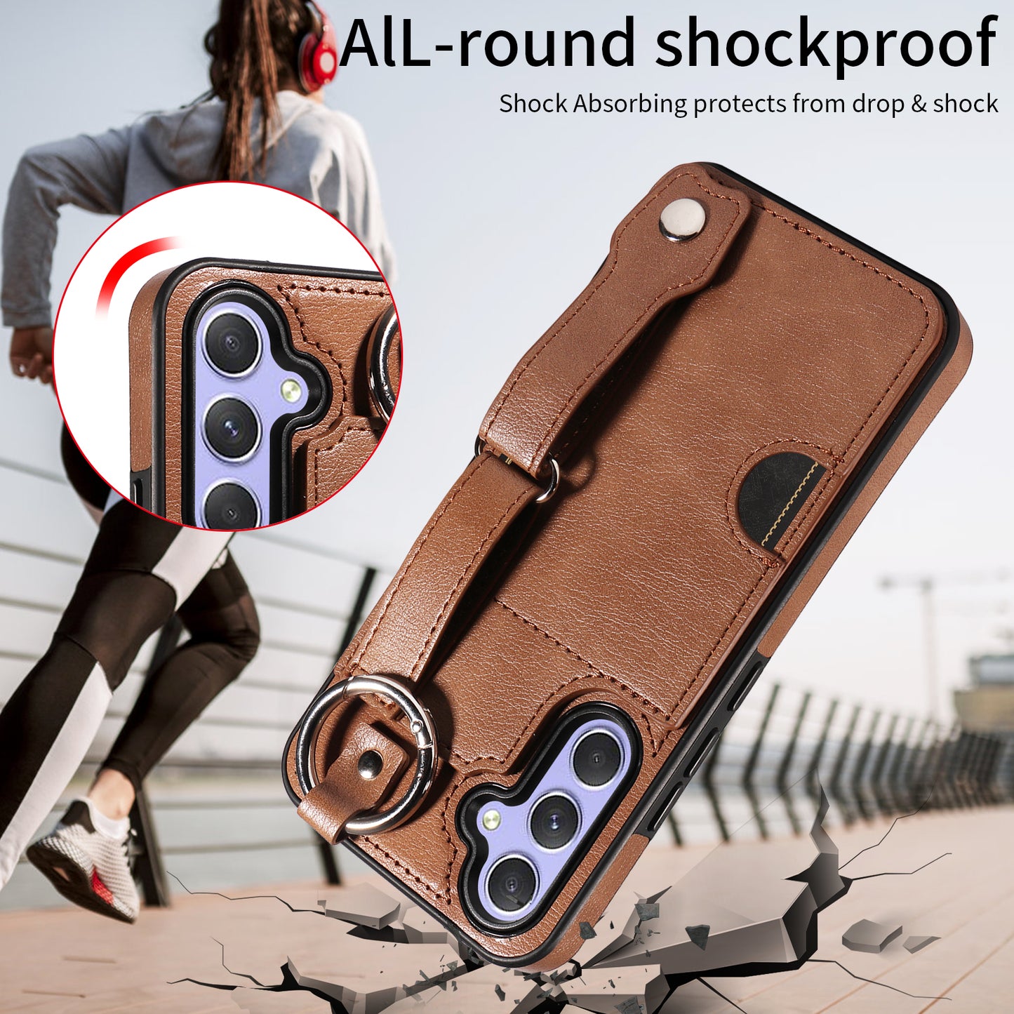 008 For Samsung Galaxy A54 5G Phone Case with Wrist Strap Kickstand Leather+TPU Shell - Brown