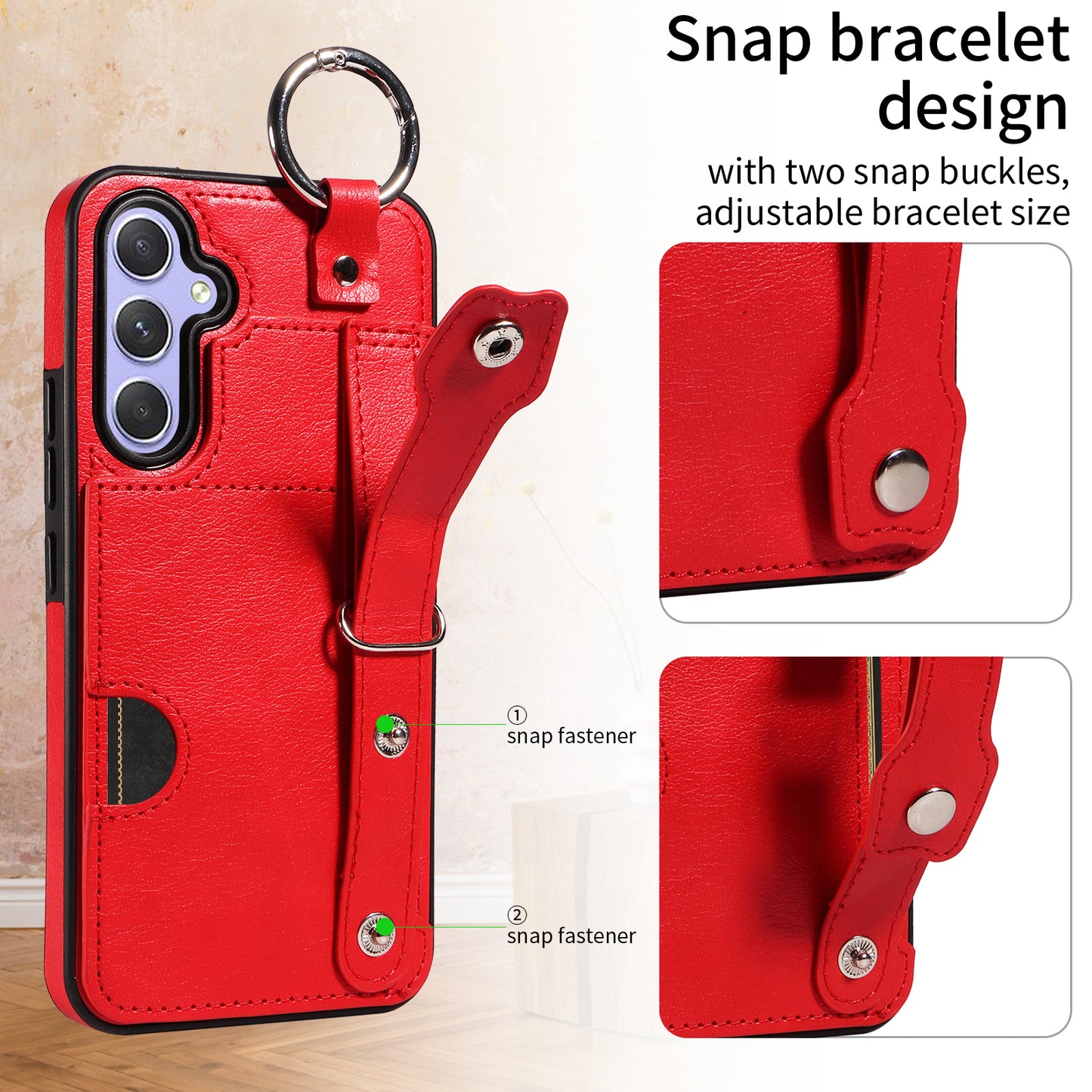 008 For Samsung Galaxy A54 5G Phone Case with Wrist Strap Kickstand Leather+TPU Shell - Red