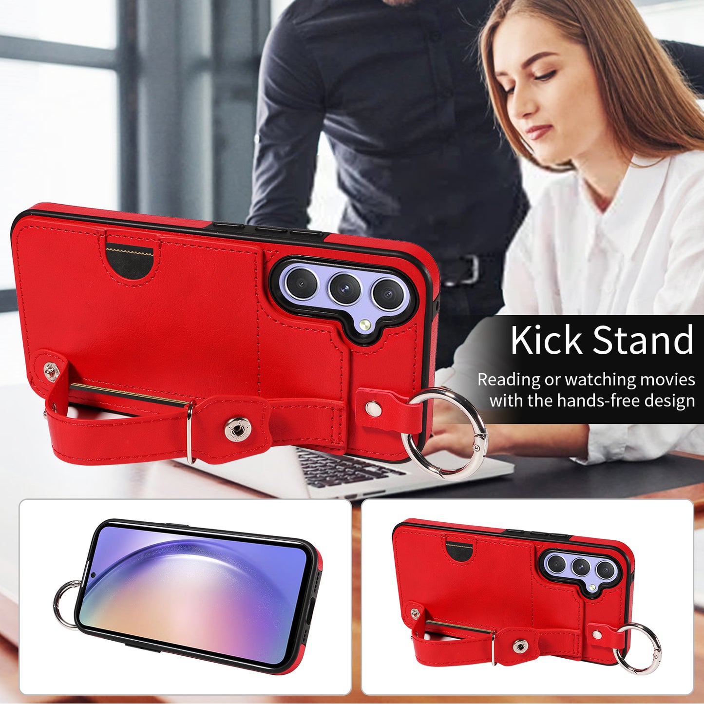008 For Samsung Galaxy A54 5G Phone Case with Wrist Strap Kickstand Leather+TPU Shell - Red