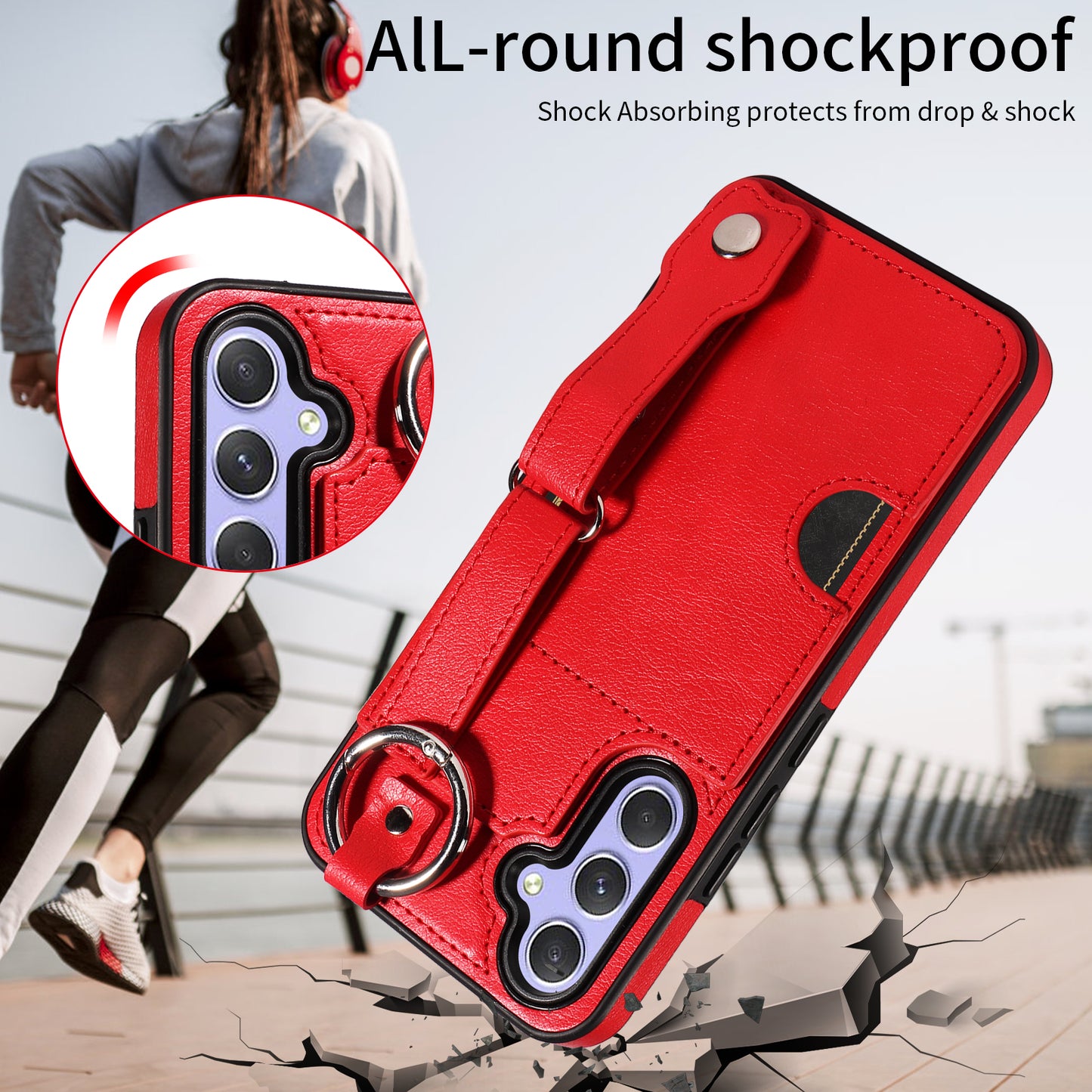 008 For Samsung Galaxy A54 5G Phone Case with Wrist Strap Kickstand Leather+TPU Shell - Red