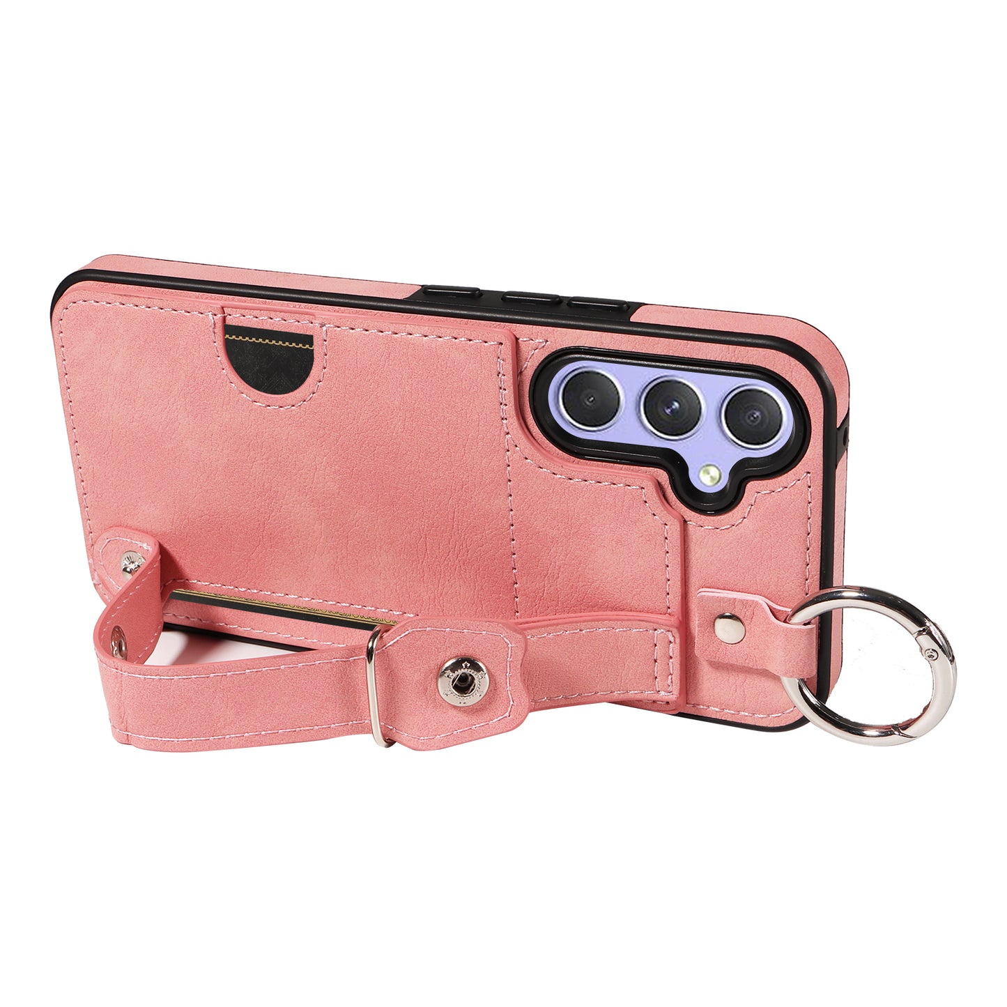 008 For Samsung Galaxy A54 5G Phone Case with Wrist Strap Kickstand Leather+TPU Shell - Pink