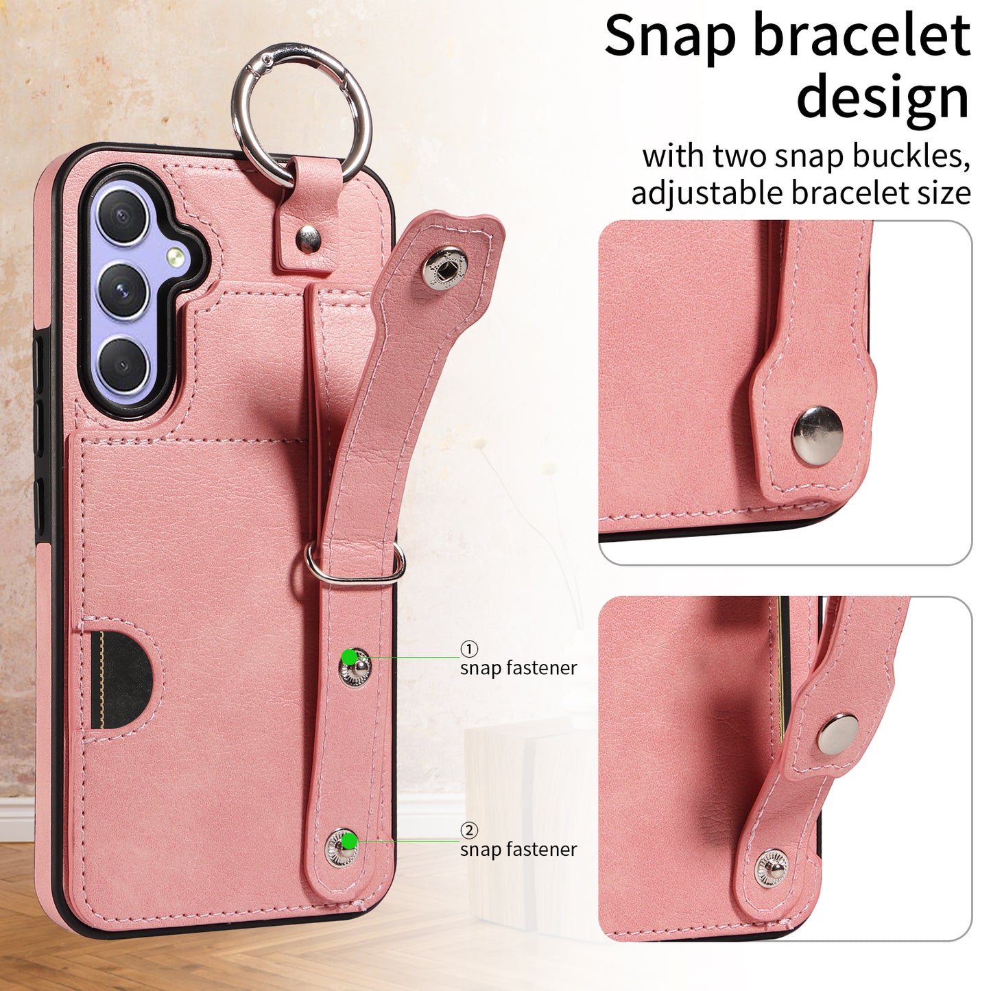 008 For Samsung Galaxy A54 5G Phone Case with Wrist Strap Kickstand Leather+TPU Shell - Pink