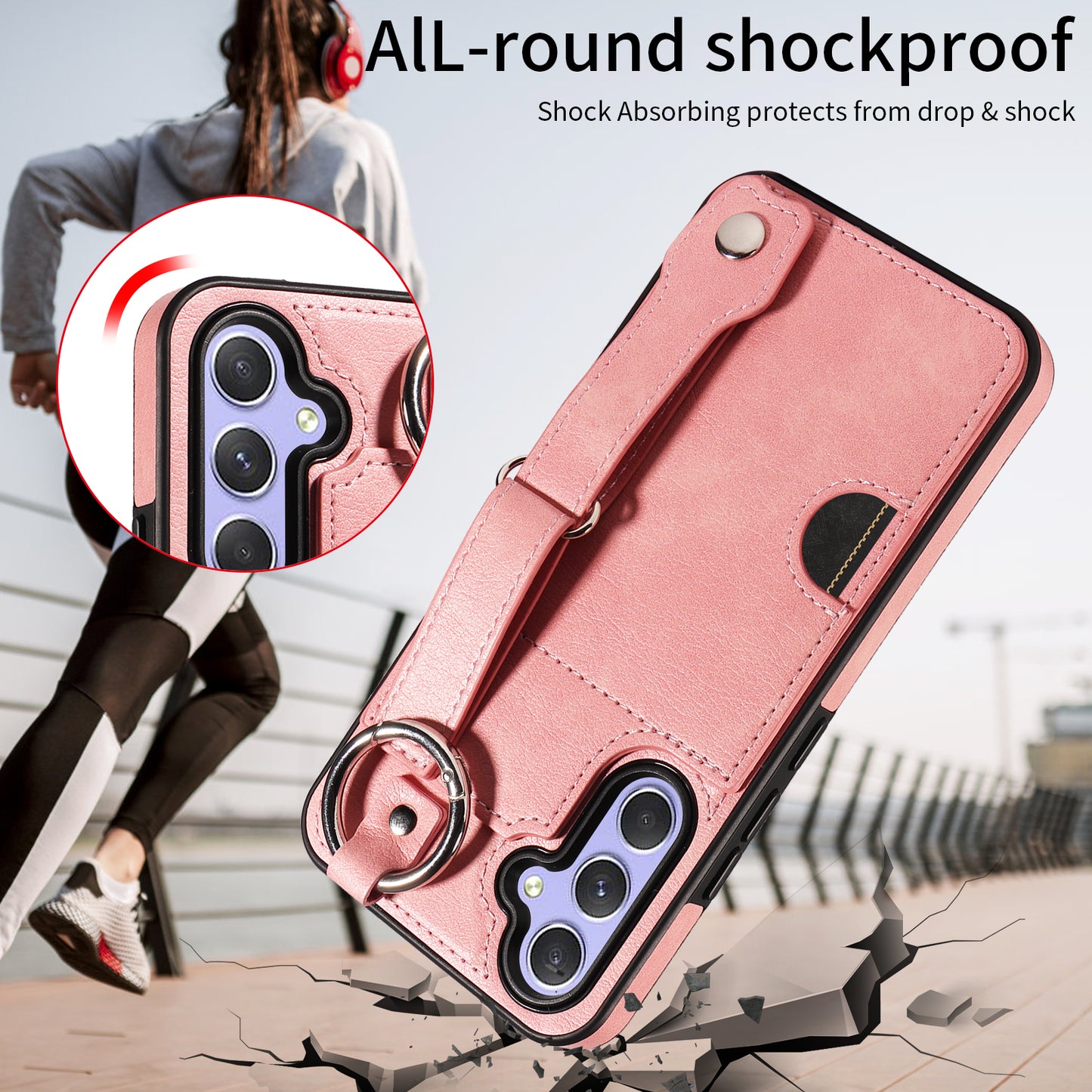 008 For Samsung Galaxy A54 5G Phone Case with Wrist Strap Kickstand Leather+TPU Shell - Pink