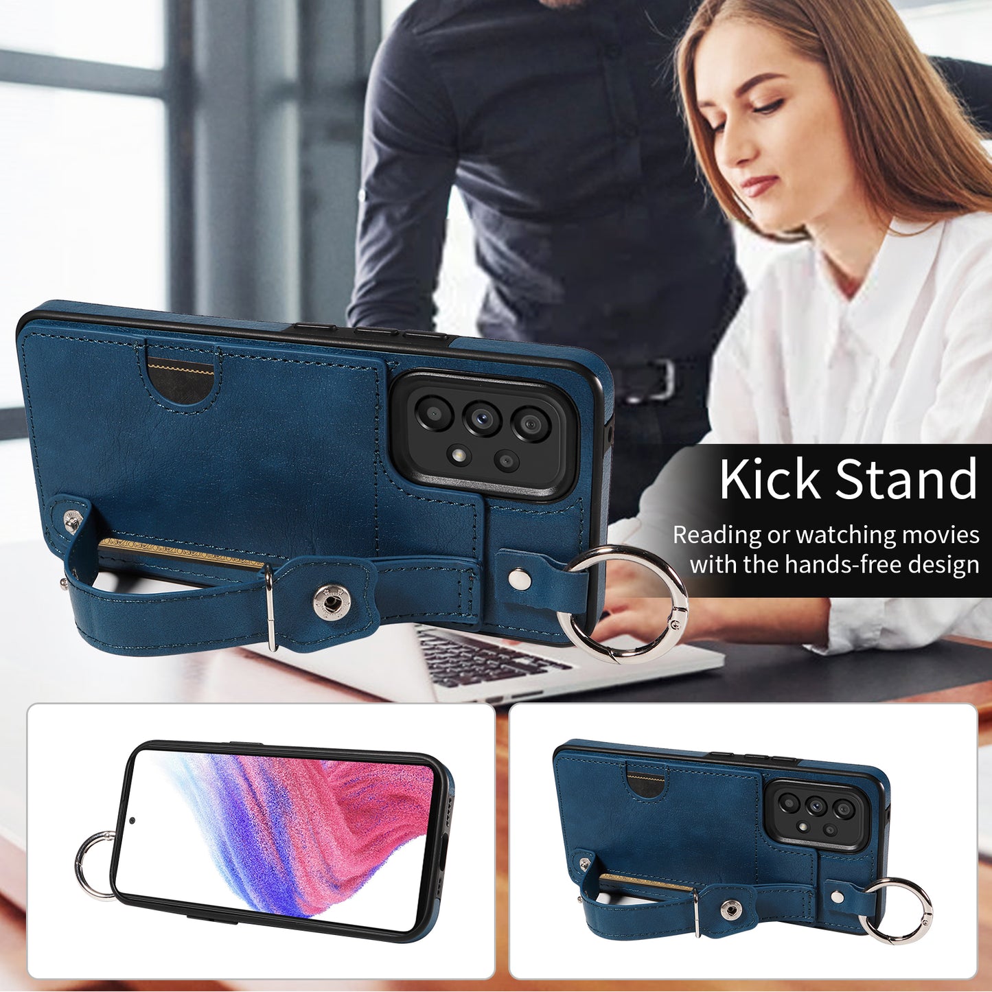 008 For Samsung Galaxy A53 5G Kickstand Case Calf Texture Leather+TPU Phone Case - Blue