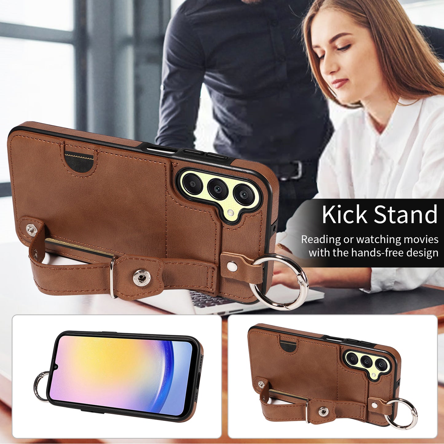 008 For Samsung Galaxy A25 5G (Global) (161.0 x 76.5 x 8.3mm) TPU Case Kickstand Phone Cover with Card Slot - Brown