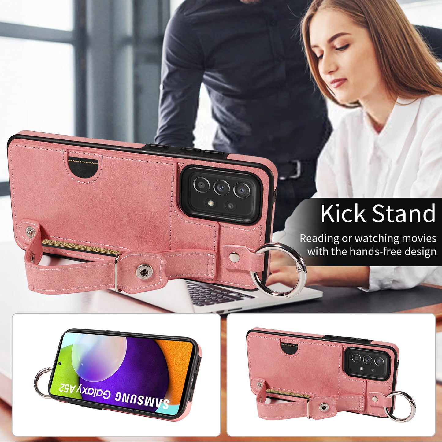 008 For Samsung Galaxy A52 4G / 5G / A52s 5G Case Calf Texture PU+TPU Phone Cover with Kickstand - Pink