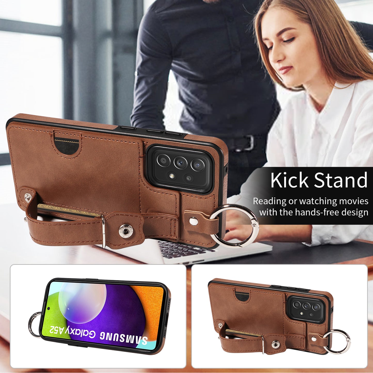 008 For Samsung Galaxy A52 4G / 5G / A52s 5G Case Calf Texture PU+TPU Phone Cover with Kickstand - Brown