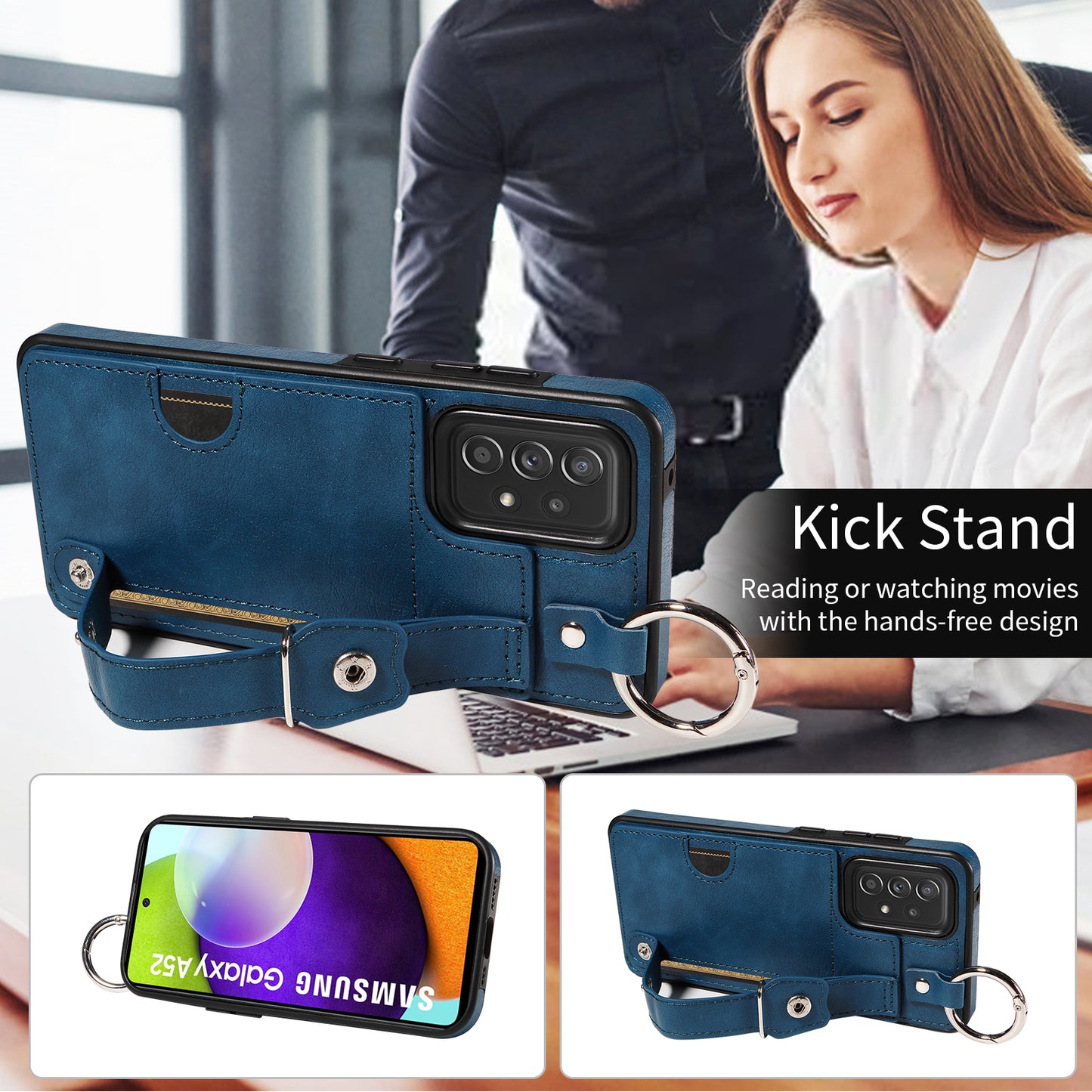 008 For Samsung Galaxy A52 4G / 5G / A52s 5G Case Calf Texture PU+TPU Phone Cover with Kickstand - Blue