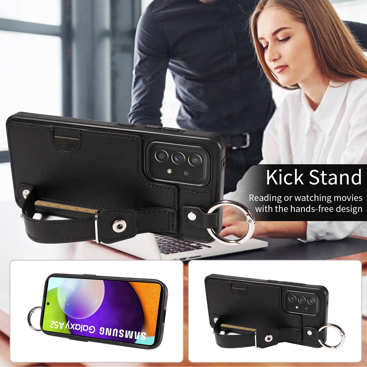 008 For Samsung Galaxy A52 4G / 5G / A52s 5G Case Calf Texture PU+TPU Phone Cover with Kickstand - Black