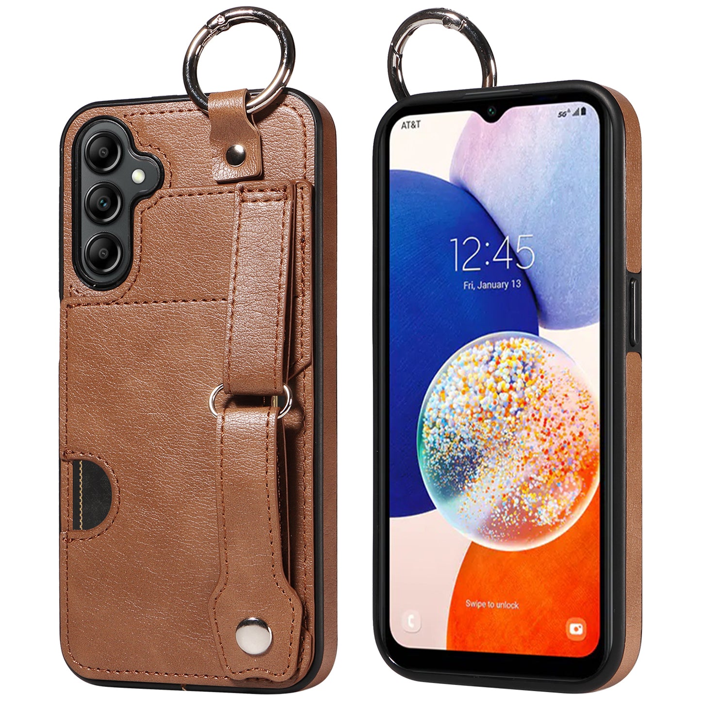 008 For Samsung Galaxy A14 5G / 4G Case Kickstand Leather TPU Phone Cover with Wrist Strap - Brown